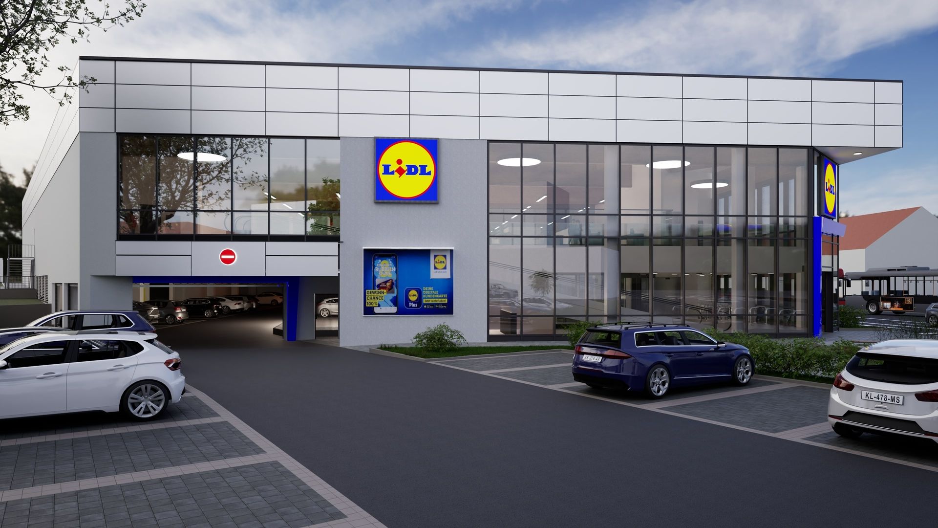 Visualisierung von einem Lebensmittelmarkt, mit der Sicht vom Parkplatz