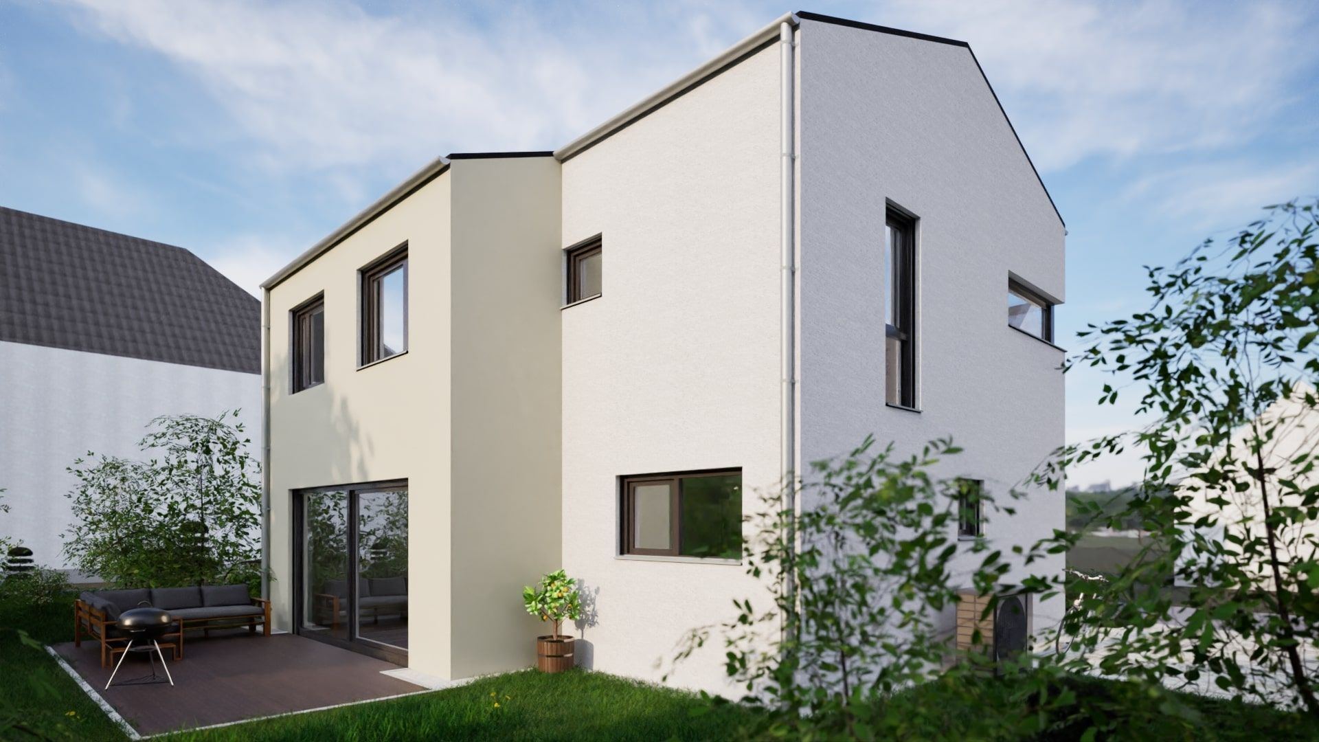 Visualisierung von einem Einfamilienhaus in Bielefeld, vom Garten aus