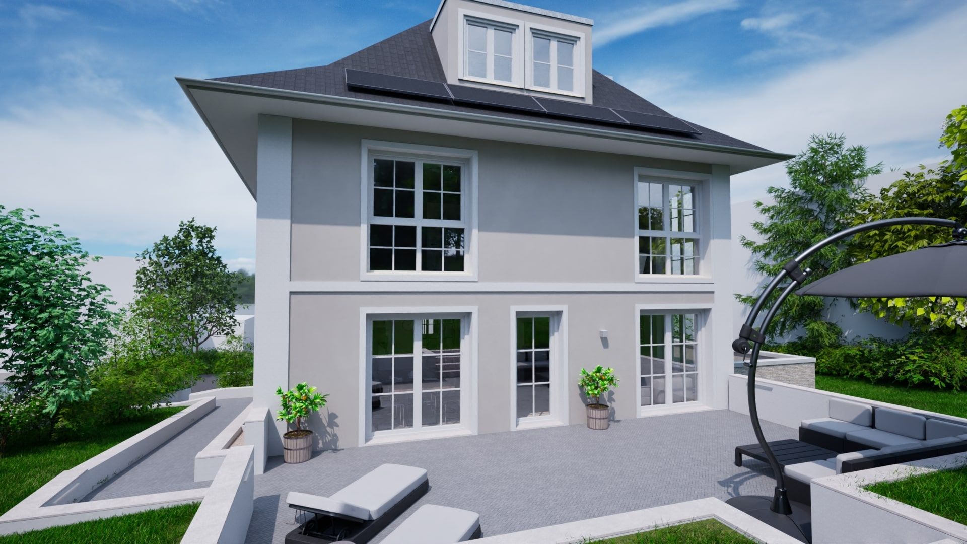 Visualisierung von einer Stadtvilla, von hinten